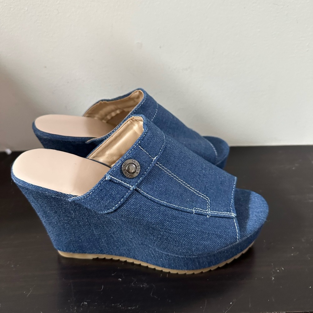 Denim Wedge Mules